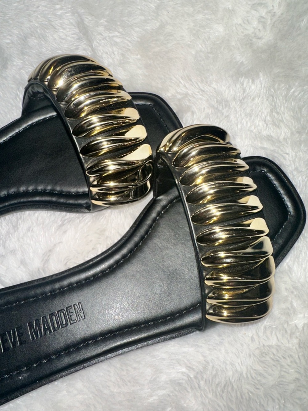 Steve Madden Black Slide Sandals with Gold Sculpted Accent
